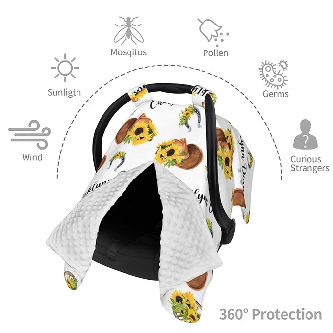 Personalized Baby Car Seat Canopy for Baby Girls, Custom Name Sunflower Cowgirl Baby Car Seat Covers for Babies, Opening Minky Nursing Breastfeeding Cover for Infant, Carseat Canopies for Newborn