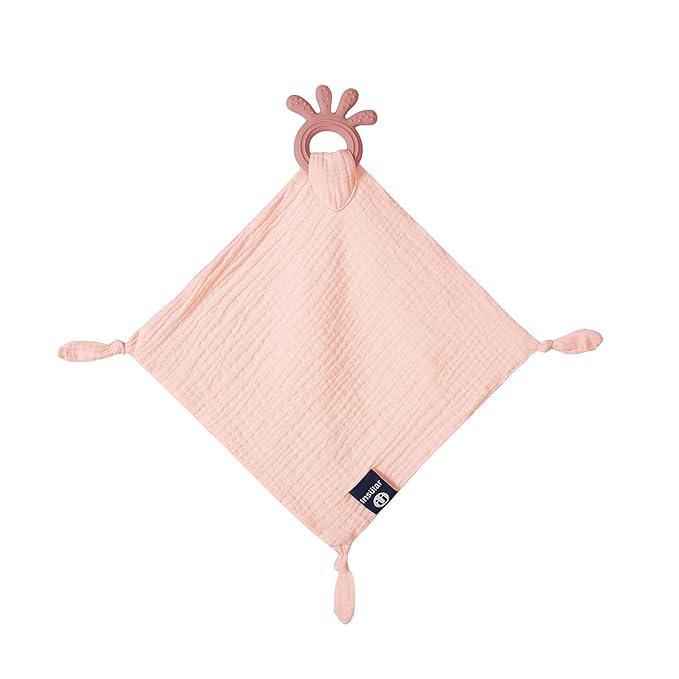 Baby Muslin Security Blanket with Food Grade Silionce Teether,Soothe Teething Toy for Boys and Girls,100% Polyester (Pink)