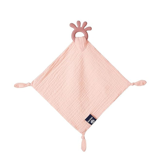 Baby Muslin Security Blanket with Food Grade Silionce Teether,Soothe Teething Toy for Boys and Girls,100% Polyester (Pink)