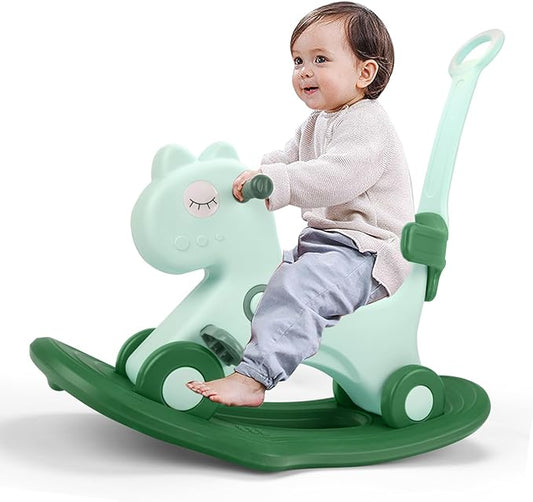 4 in 1 Rocking Horse for Toddlers 1-3 Years Old, Baby Rocking Toy Fun Birthday Gift for 1+ Kids, Ride on Toy with Detachable Balance Board and Footrest，Balance Bike with Push Handle(Green)
