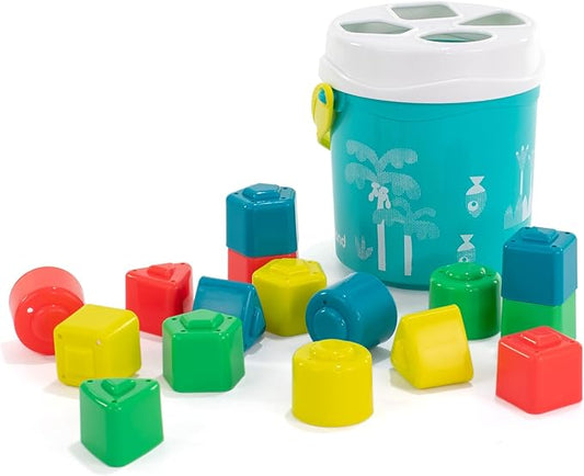 Miniland Feel to Learn Turquoise Shape Sorting Bucket for Children from 1 to 2 Years. 16 Multicolored Pieces with Different Shapes. Made in Spain with ECO Materials