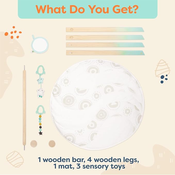 B. toys – Wooden Baby Play Gym – Activity Mat – Starry Sky – 3 Hanging Sensory Toys – Natural Wood – Babies, Infants
