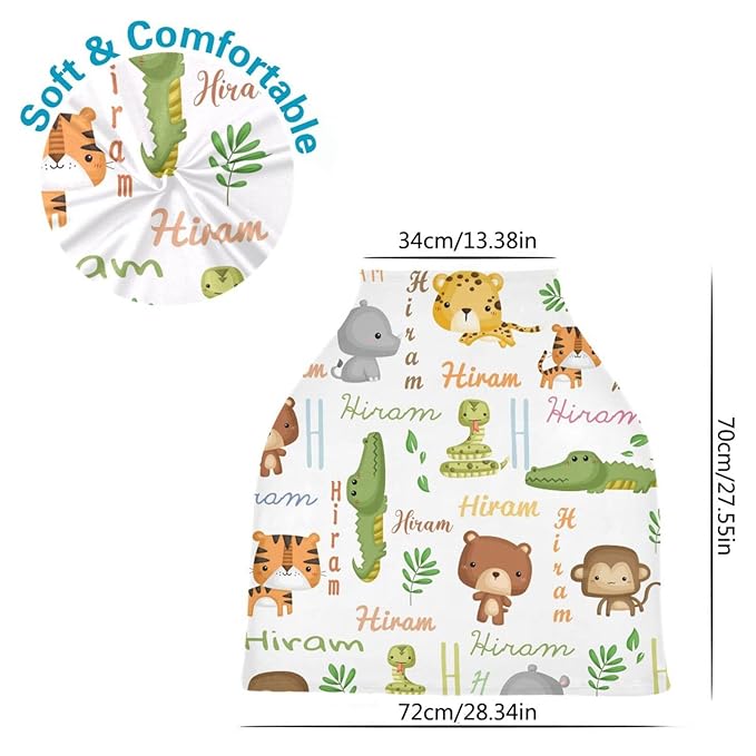 Personalized Cute Animal Baby Car Seat Cover for Boys Girls, Customized Baby Carseat Canopy with Name, Multi-Use Breathable Nursing Cover Breastfeeding Scarf