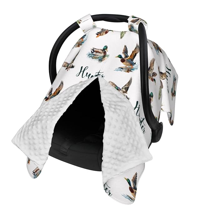 Personalized Wild Ducks Baby Car Seat Canopy – Custom Name Minky Nursing Cover for Boys & Girls, Infant Carseat Canopy, Opening Breastfeeding Stroller Cover for Newborn Baby Gift