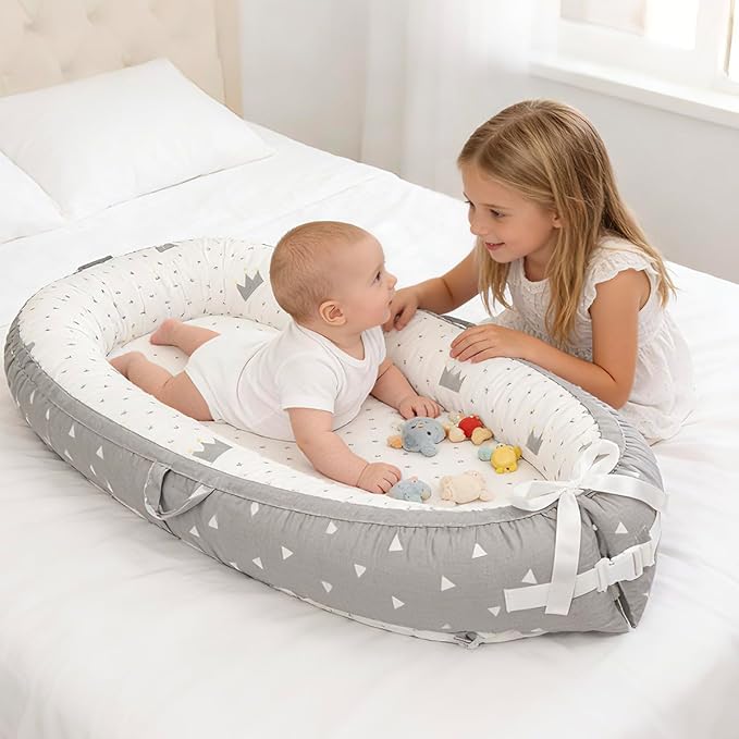 Baby Lounger | Organic Cotton Infant Support Cushion| Reversible, Adjustable & Portable Floor Cushion | Soft, Breathable, Washable Cover