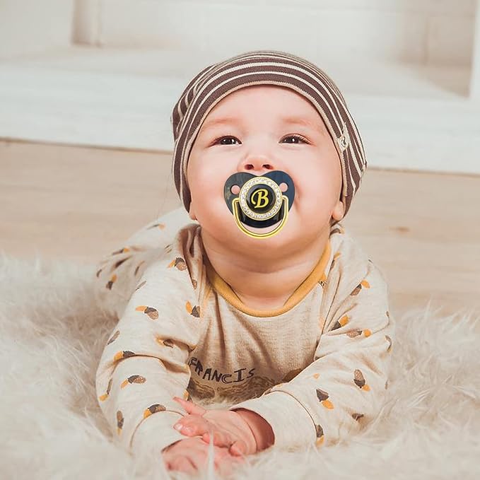Bling Personalized Black Baby Pacifier with Pacifier Clips and Anti-dust Cover A-Z 26 Letters(Black,B)