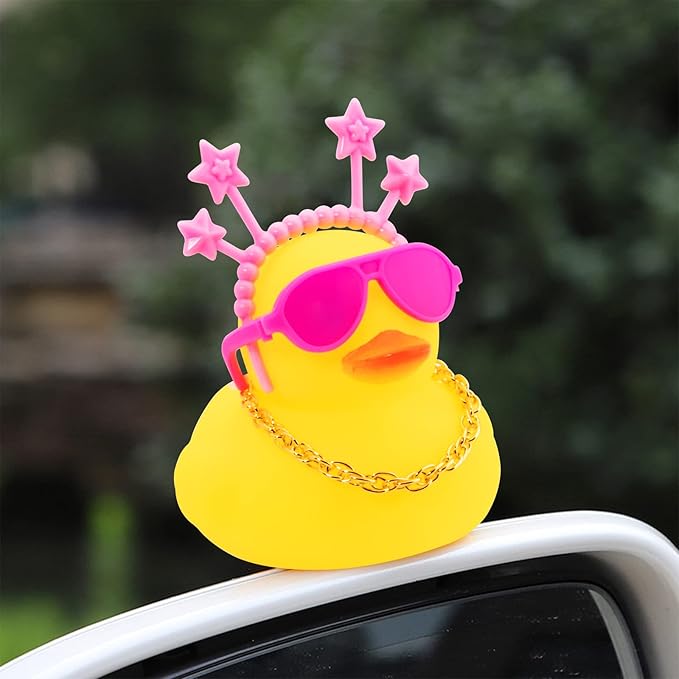 wonuu Car Duck Rubber Duck Car Ornaments Duck Car Dashboard Decorations with Cute Headband Swim Ring Necklace Sunglasses, B-Pink Star Headband