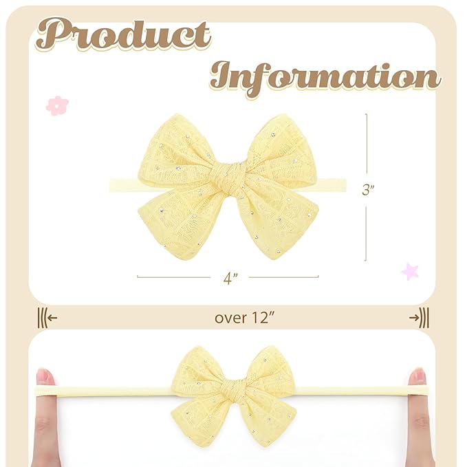 YanJie 10Pcs Soft Lace Baby Bows Sparkly Girls Headbands with Rhinestones Baby Girl Hair Accessories for Newborn Infant Toddler Kids 4.5’’ Bow