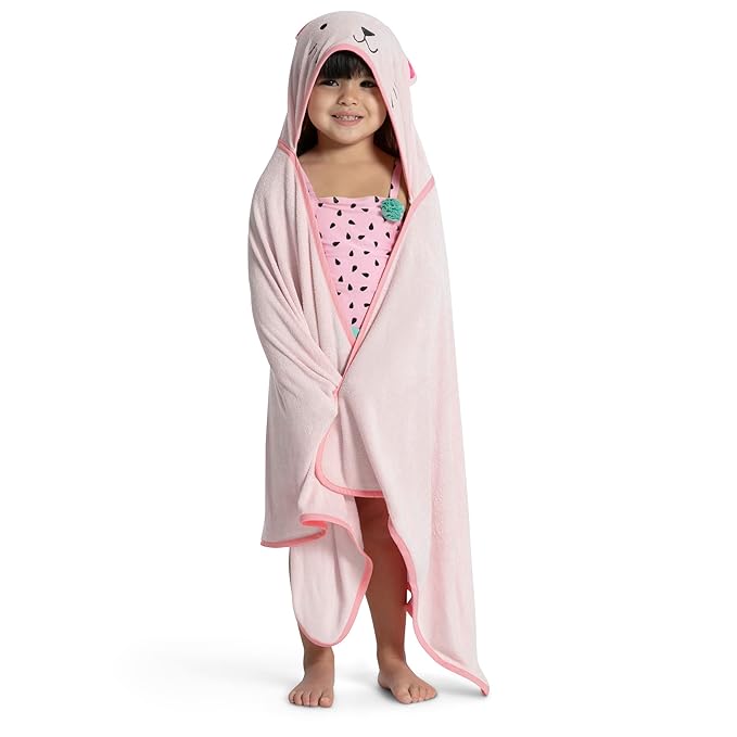 Delta Children Personalized Kids Hooded Bath Towel with Pockets - Super Soft and Absorbent- Great Gift for Boys and Girls, Pink Cat