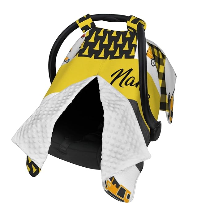 Personalized Excavators Trucks Construction Baby Car Seat Canopy for Babies with Name, Custom Car Seat Covers for Boys, Opening Minky Nursing Breastfeeding Cover Infant Carseat Canopies for Newborn