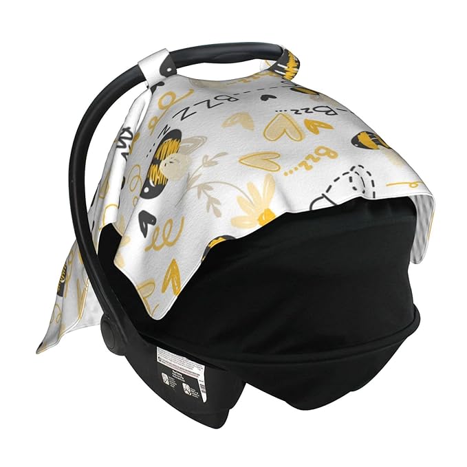 Cute Bees Car Seat Cover for Baby, Peekaboo Opening Carseat Cover Nursing Cover Canopy for Toddler Newborn Shower Gift