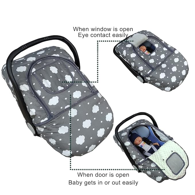 Carseat Cover, Winter Baby car seat Covers for Infant car seat, Baby Carrier Cover Canopy, Window in Door Zipper Open, Thick Padded, Grey Cloud;