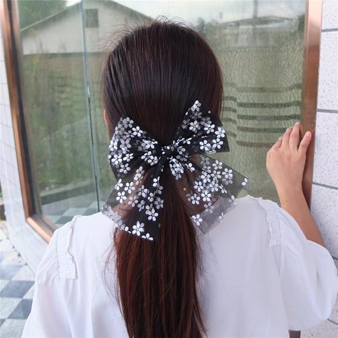 Large Tulle Bow Hair Clips for Baby Girls - Lace Hair Bow Women Cottagecore Lightweight Gauze Hair Barrettes Accessories (Black and White Gold Foil)