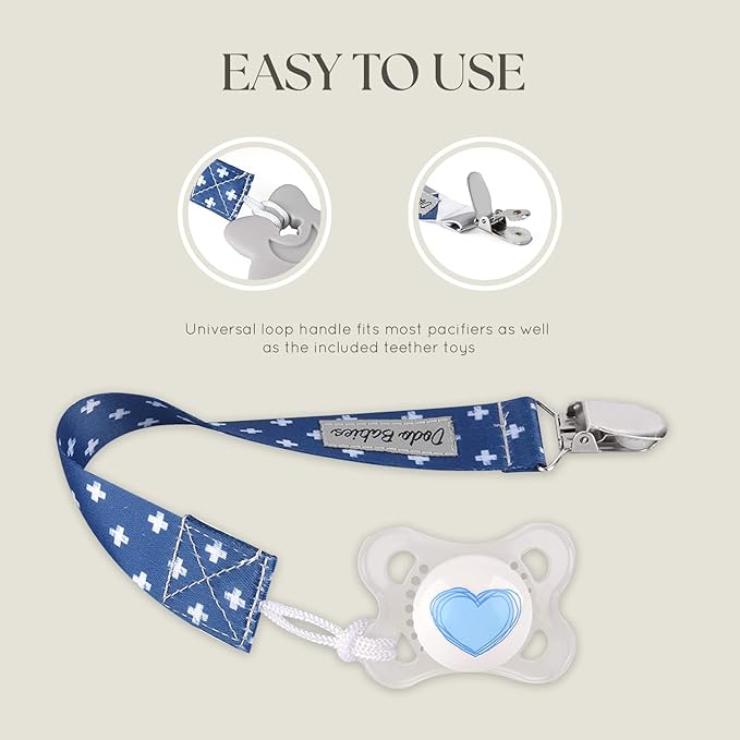Dodo Babies Pacifier Clip & Teether Toy Set - Universal Pacifier Holder Loop - Silicone Teethers for Baby Teething Toys - 6 Piece Set, Blue & Gray