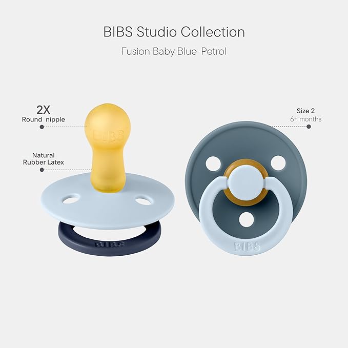 BIBS Colour Studio Pacifier 2-Pack, BPA Free, Round Nipple. Natural Rubber Latex, Made in Denmark, Size 2 (6-18 Months) - Baby Blue/Petrol