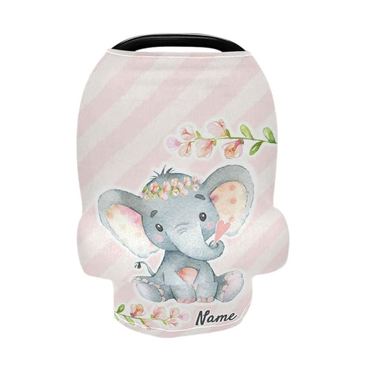 Personalized Cute Elephant Infant Baby Car Seat Cover with Name, Nursing Breastfeeding Scarf, Shopping Cart Seat Covers, Stroller Canopy, Gift for Infants Newborn Girl Boy