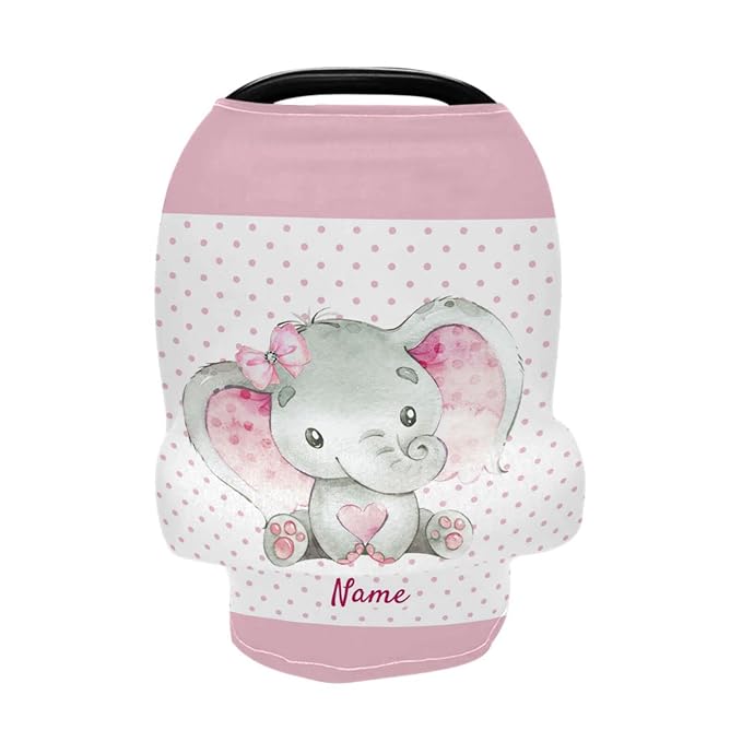 Personalized Baby Name Car Seat Covers for Girls, Customized Cute Elephant Infant Stroller Canopy, Babies Nursing Covers Breastfeeding Scarf Shopping Cart Cover