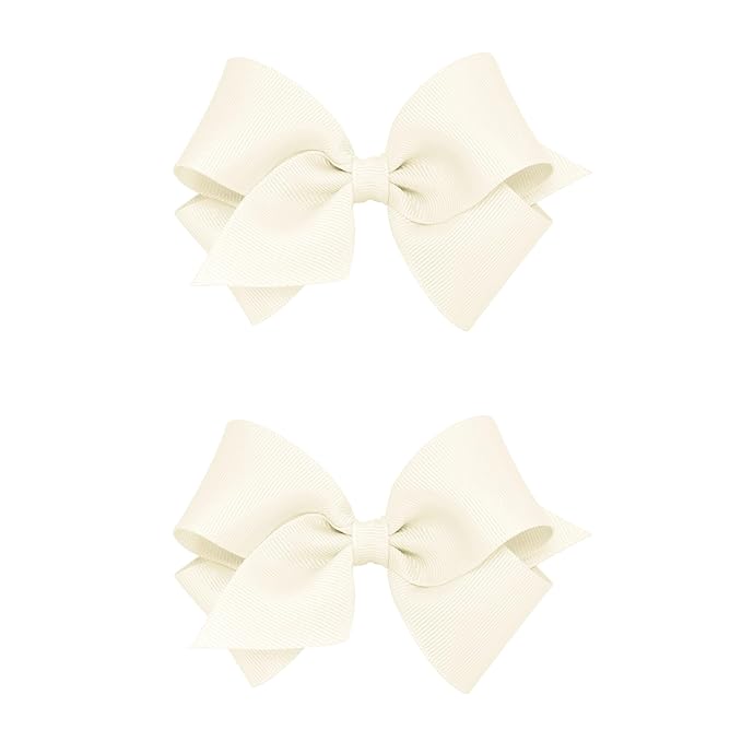 Wee Ones Girls 2 Pack Grosgrain Hair Bows with Plain Wrap Centre on a Wee Stay No Slip Clip, Small, Antique White