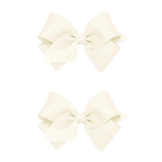 Wee Ones Girls 2 Pack Grosgrain Hair Bows with Plain Wrap Centre on a Wee Stay No Slip Clip, Small, Antique White