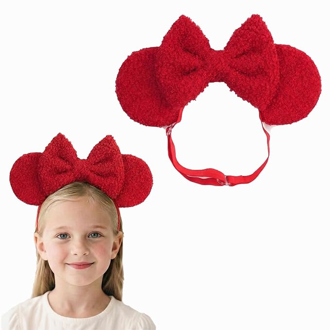 Adjustable Wool Mouse Ears Elastic Headband with Bow, Fluffy Fleece Hair Bow Hairband for Infant Toddlers Baby Girls