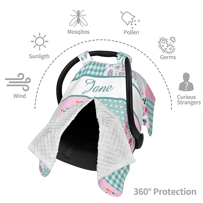 Personalized Baby Car Seat Canopy for Babies with Name, Custom Car Seat Covers for Girls, Floral Farm Nursing Breastfeeding Stroller Cover Infant Carseat Canopies for Newborn