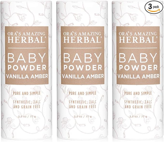 Baby Powder Talc-Free, Real Vanilla Amber Natural Scent, Cornstarch Free Arrowroot and Clay Based Powder, Synthetic Fragrance Free, Ora's Amazing Herbal, 2.5 oz 3 Pack