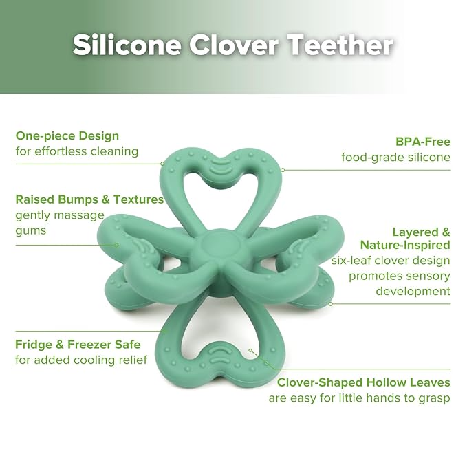 Haakaa Silicone Clover Teether - Food Grade Silicone Teething Toys for Babies 3-6 Months 6-12 Months, Soft & Easy Hold Chew Toy for Infant, BPA Free (Pea Green)