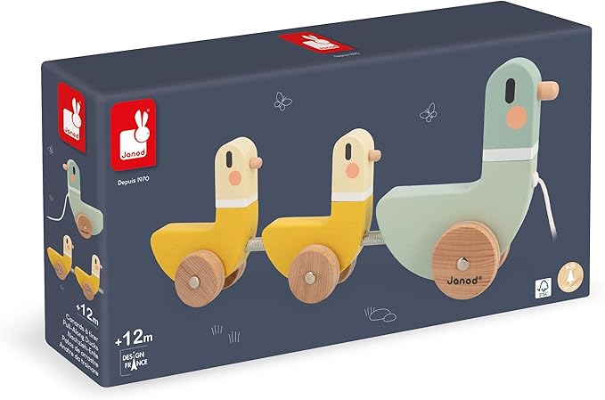 Janod - J04051 - 3 Sweet Cocoon Pulling Ducks - Develops Motor Skills - FSC Wood Toy and Water Paint - From 12 Months, Green/Yellow