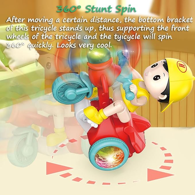 Miracland 360° Stunt Tricycle Toy, Riding-Simulation Pedicab with LED Lights & Dynamic Music, STEM Spinning Electric Trike Gift for Kids (Red)