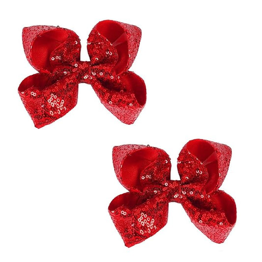 6 Inch Red Sparkly Glitter Sequin Hair Bows for Girls Toddlers Kids Children Teenage (2PCS)