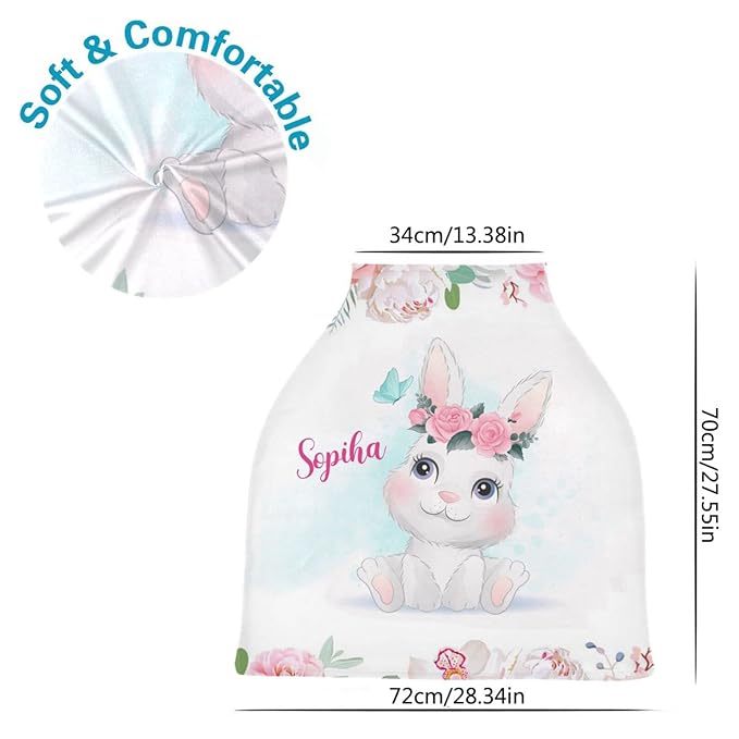 Personalized Baby Car Seat Covers with Name, Custom Nursing Cover Breastfeeding for Babies, Carseat Canopy for Girls, Infant Stroller Cover for Winter, Breathable Carseats Cover (Cute Rabbit)