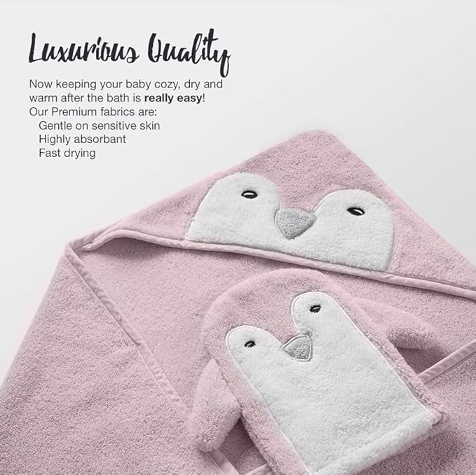 Happy & Sweet Baby Gift Set - Bamboo Viscose Hooded Penguin Bath Towel, Mitt Washcloth, and Squirt Bath Toy for Girls – Ballet Slipper Color - Bonus eBook Included