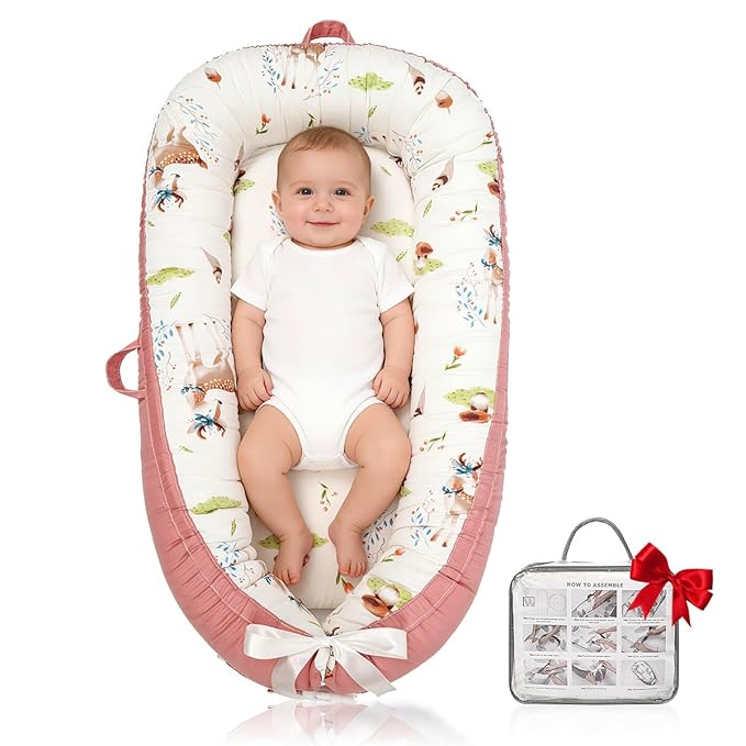 Baby Lounger | Organic Cotton Infant Support Cushion | Reversible, Adjustable & Portable Floor Cushion | Soft, Breathable, Washable Cover