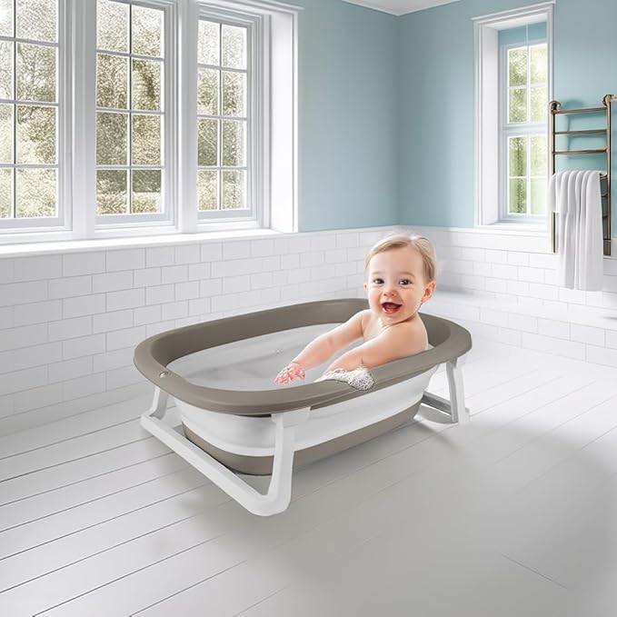 Dolu Nuve Foldable Baby Bathtub, Collapsible Infant and Toddler Bath Tub with Non Slip Feet, Portable Design for Bathroom or Travel, Stone Grey
