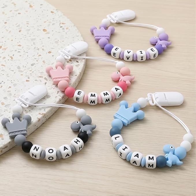 Personalized Pacifier Clip with Name, Custom Silicone Binky Holder for Boys Girls, Dinosaur & Crown Pacifier Chain