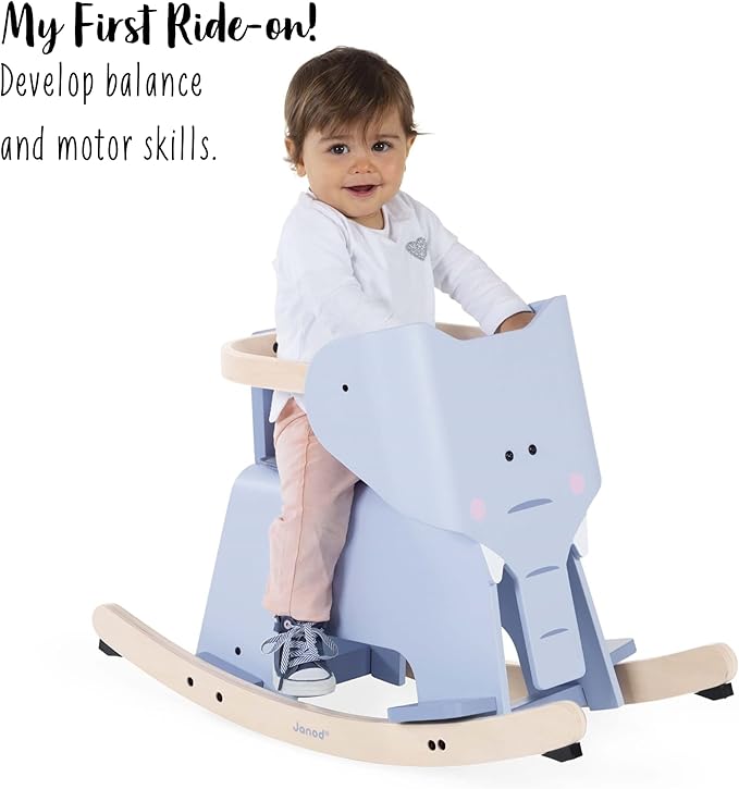 Janod Rocking Elephant – Classic Wood Rocker Ride-On Toy - Ages 1+ - J08024