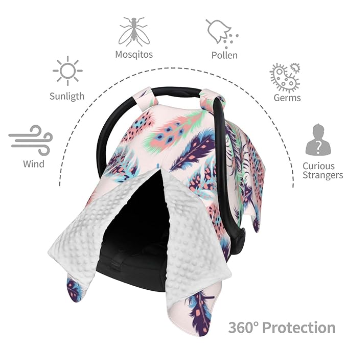 Boho Pink Feathers Baby Car Seat Covers Canopy, Peekaboo Opening Carseat Cover Soft Nursing Stroller Cover Canopy for Shower Gift Newborn
