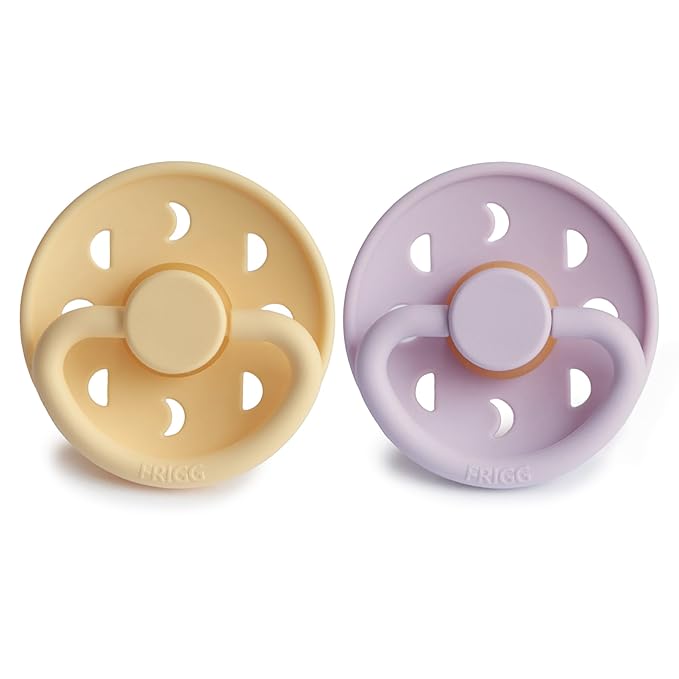 FRIGG Moon Natural Rubber Baby Pacifier | Made in Denmark | BPA-Free (Soft Lilac/Daffodil, 6-18 Months) 2-Pack