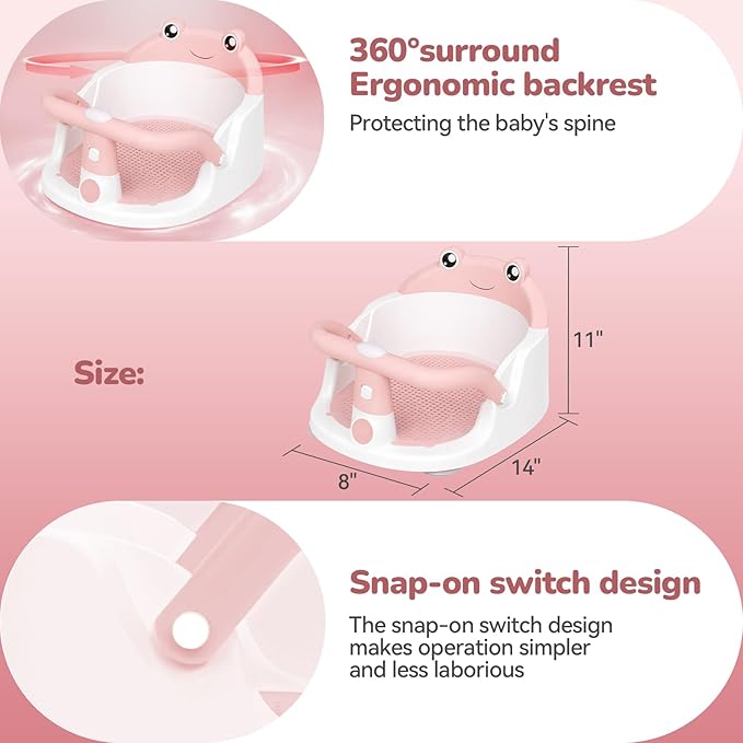 Baby Bath Seat for Babies 6 Months & Up - One-Handed Snap-On Armrest Baby Bath Chair | 4 Suction Cup Non-Slip Baby Bathtub Seat with Storage Bag | Ergonomic Infant Bath Seats for Baby Sitting Up Pink