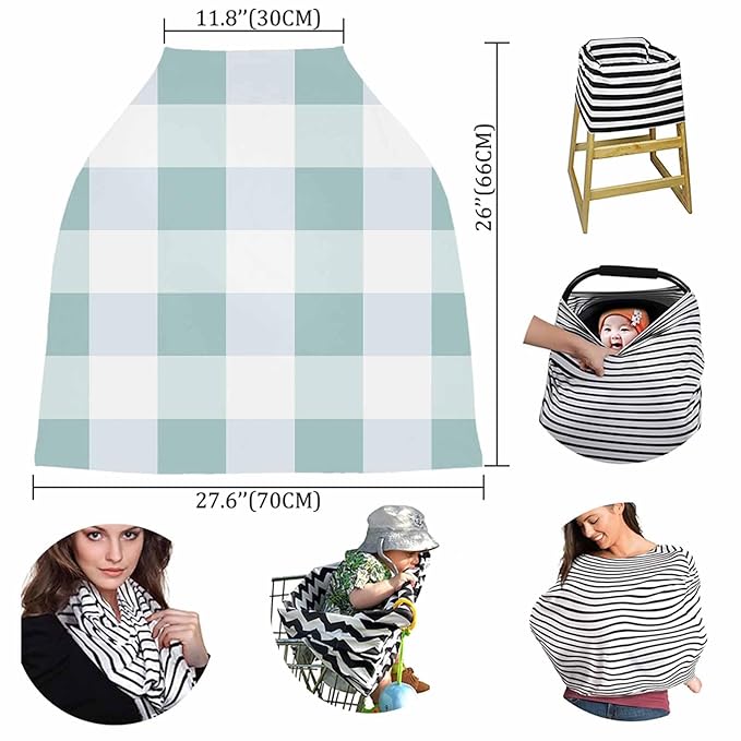 Aqua Blue White Plaid Car Seat Covers for Babies, Modern Geometric Checkered Lattice Nursing Breastfeeding Covers Stretchy Breathable Baby Carseat Canopy Cover for Girls and Boys Shower Gifts