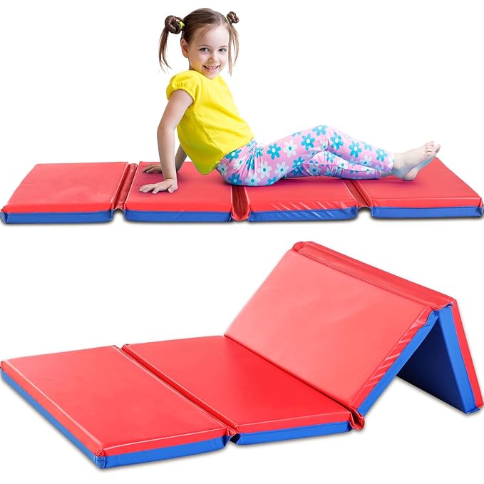 Marsui Folding Kids Nap Mats for Preschool Daycare 4 Section Folding Rest Mats Daycare Sleeping Mat for Kid 2 Inch Thick Portable Resting Floor Sleep Mat Baby Changing Pad for Kindergarten(Red,Blue)