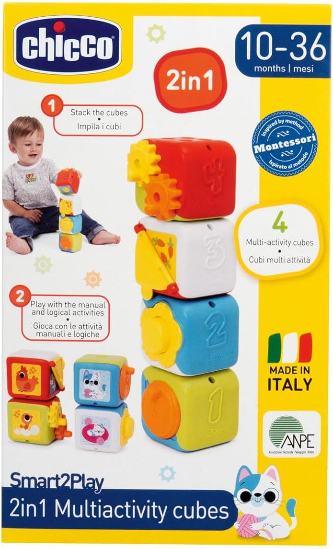 Chicco Set of 4 Colourful Animal Blocks Stacking for Sensory Pleasure, Crafts and Logic Activities Toys for Kids, 10-36 Months