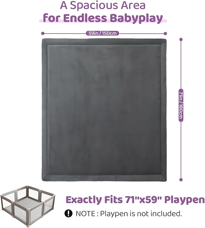 Baby Play Mat for Floor, 1.3 Inch Thick Memory Foam Tummy Time Mat with Non Slip Backing, Soft Coral Velvet 59X71 Inch Playpen Mat Crawling Tatami for Infants Toddlers Kids, Dark Gray