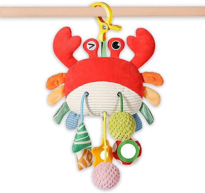 Crab Car Seat & Stroller Toy for Babies 0-12 Months, Sensory Hanging Toy with Rattle, Mirror, Squeaker, BPA-Free Pull Strings, Fine Motor Skills Baby for Newborn Infant Boy Girl