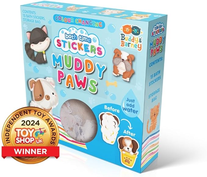Buddy & Barney: Bath Time Stickers - Muddy Paws - 15 Color-Changing Foam Pieces, Dog & Cat Characters, Suction Cup Mesh Bag, Water Play Toy, Kids 3+