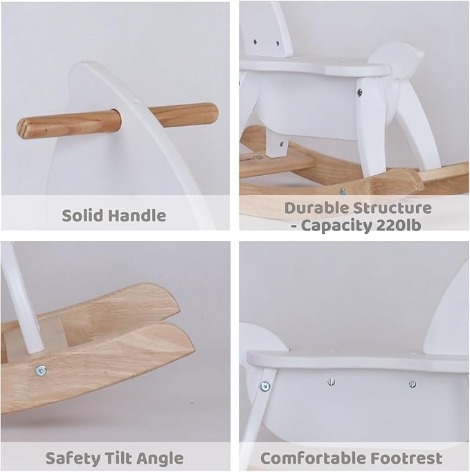 White Wooden Rocking Horse Funny for Toddlers (Ages 2-4) - Solid Rubber Wood, Smooth Surface for Creative Decoration, Minimalist Rocking Horse, Vintage