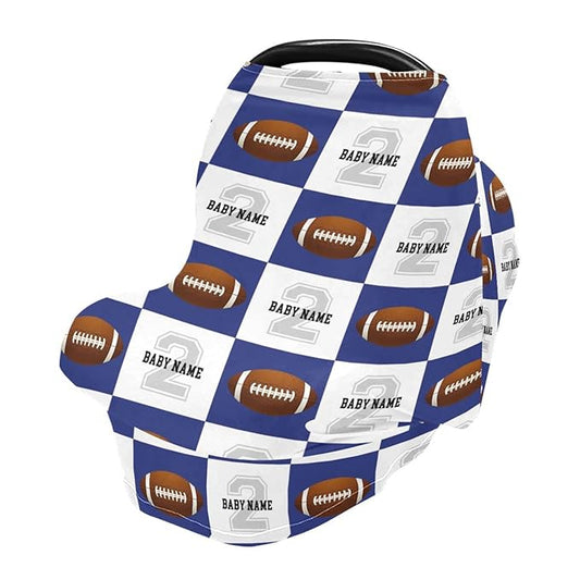 Personalized Baby Car Seat Cover for Babies, Custom Name Baby Car Seats Canopy for Boys, Nursing Breastfeeding Stroller Covers for Infant Newborn, Shower Gift (Football Blue)