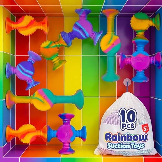 BUNMO Rainbow Textured Suction Toys – 10 Pack | Bath Toys and Suction Toys | Silicone Kids Bath Toys for Kids Ages 3+ | Bathtub Toys, Shower Toys & Travel | BPA-Free