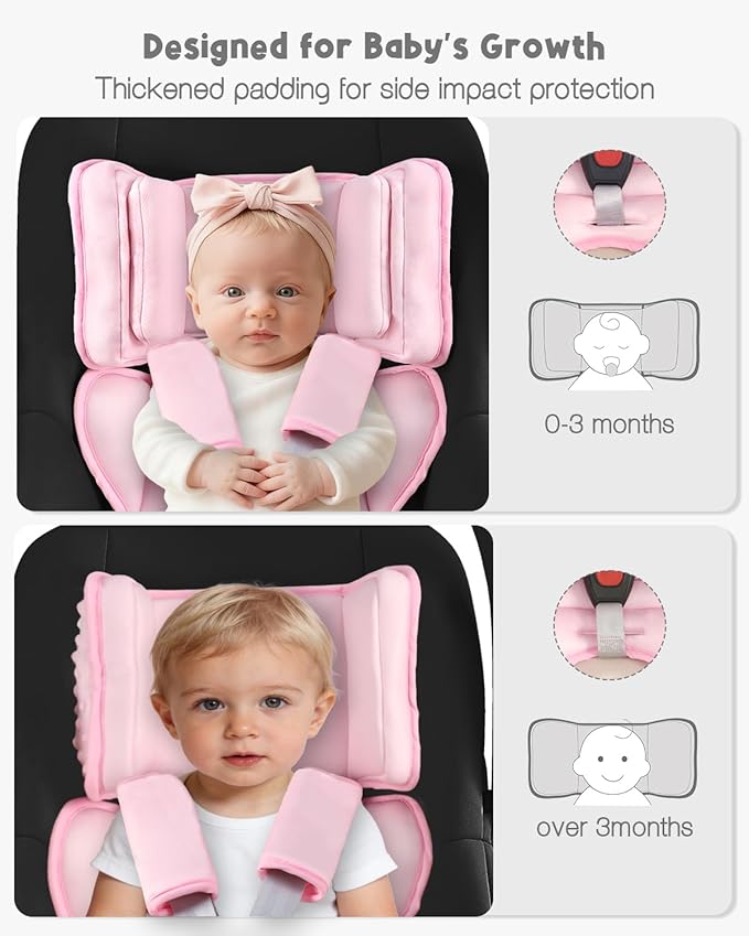 Infant Car Seat Insert with 2 Headrest for Doona|Graco, Thickened Baby Car Seat Head Support for Newborn, Reveable Baby Car Seat Cushion for Side Impact Protection, Pink