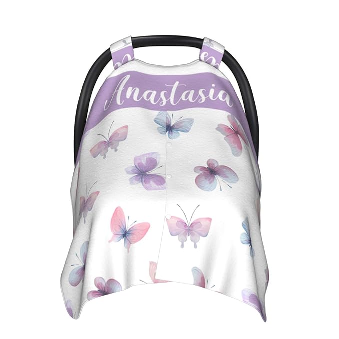 Personalized Colorful Butterfly Baby Car Seat Canopy with Name – Custom Nursing Cover, Stroller Seat Cover, Breastfeeding Privacy Blanket, Soft Breathable Infant Cover for Newborn Girl Gift